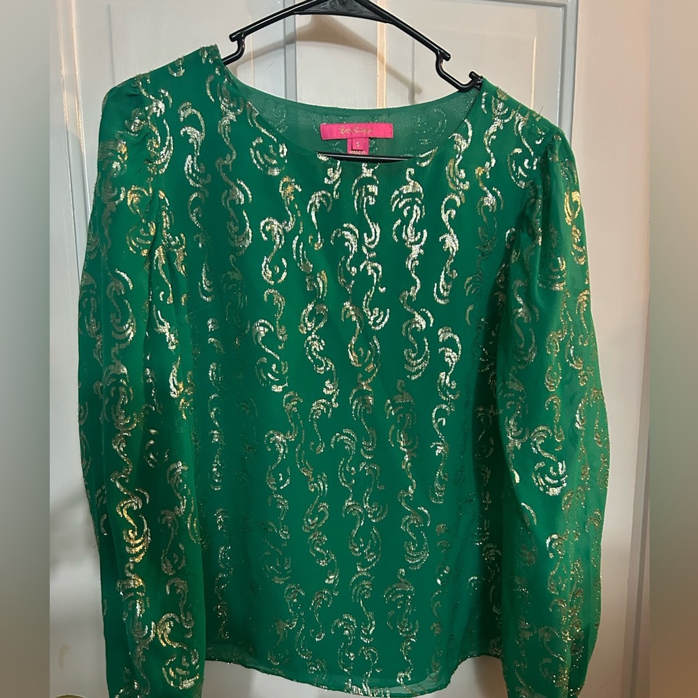 Lilly Pulitzer Miriam Silk Blouse Top size small Emerald Isle green